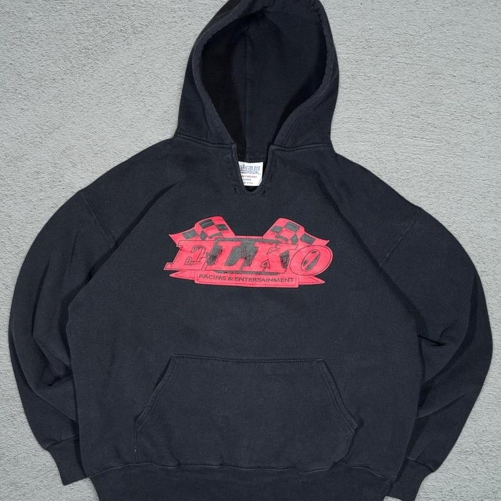 Vintage Eagle USA Elko Racing Hoodie Black Red Checkered Flag Sweatshirt Mens L